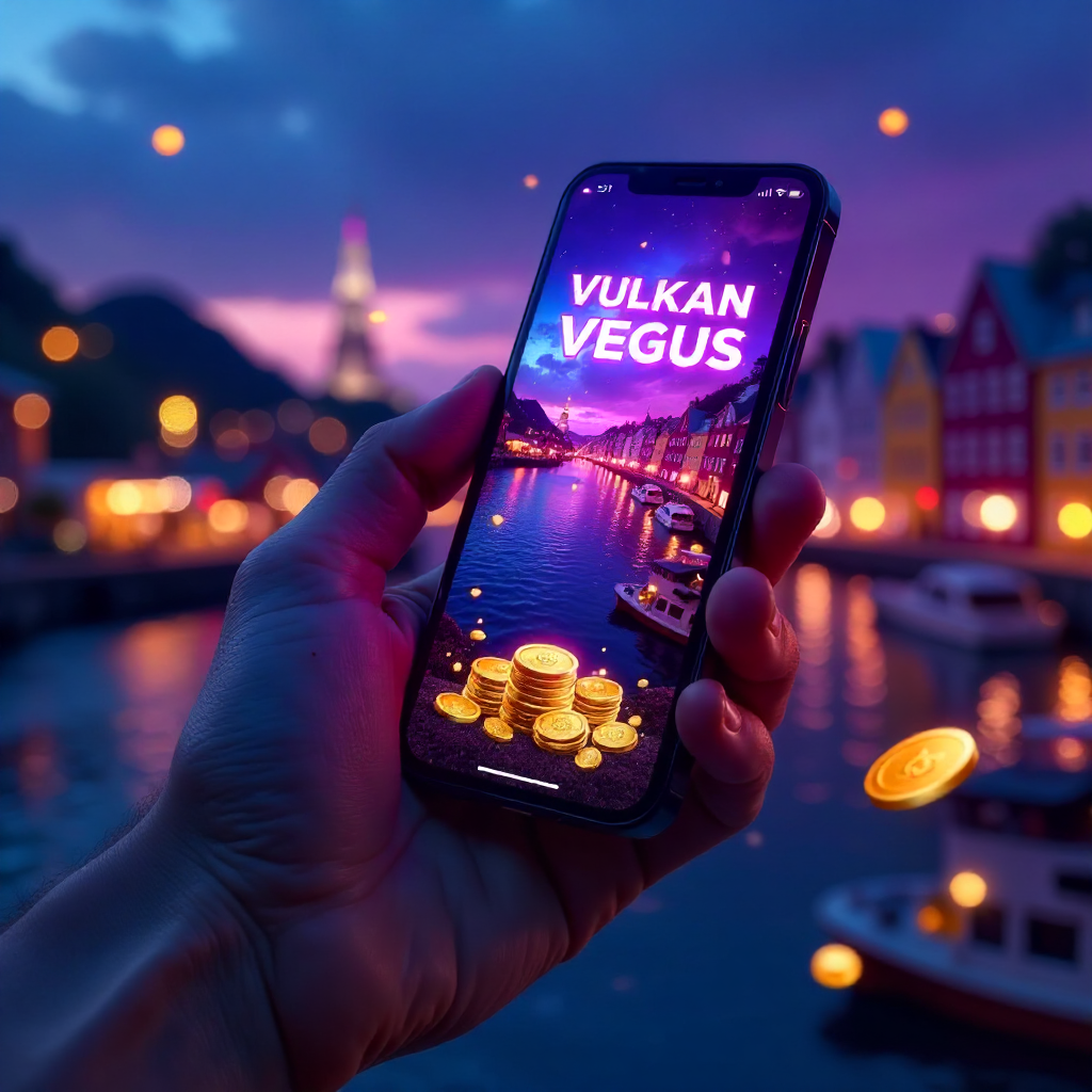 A hand holding a high-end smartphone with Vulkan Vegas colorful interface showing slots, jackpot and bonus offers, background featuring the iconic Opera House in Oslo or the colorful wooden houses of Bryggen in Bergen. Neon blue and violet brand colors, 3D flying golden coins and vibrant casino